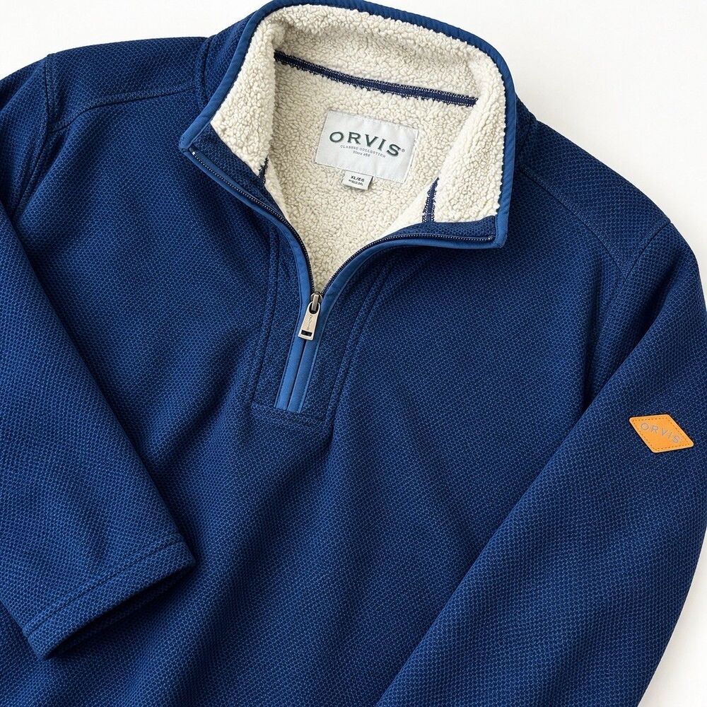 Orvis Brighton Sherpa Lined 1/4 Zip Pullover Blue Men's XL Warm Heavyweight